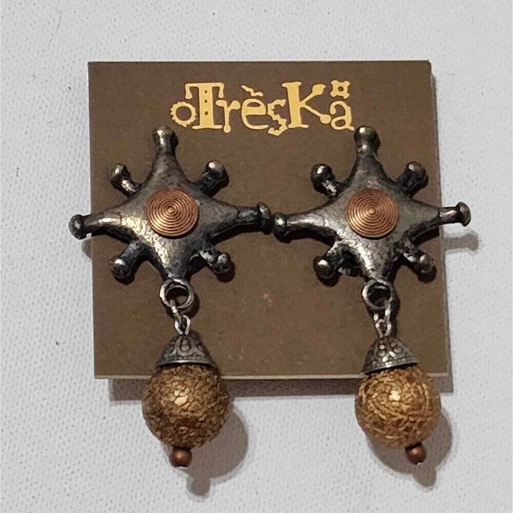 Treska Mixed Metal Starburst Clip-On Earrings Gold Crackle Bead Statement Drop